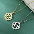Necklace with round pendant featuring the Jewish symbol, Star of David, gold
