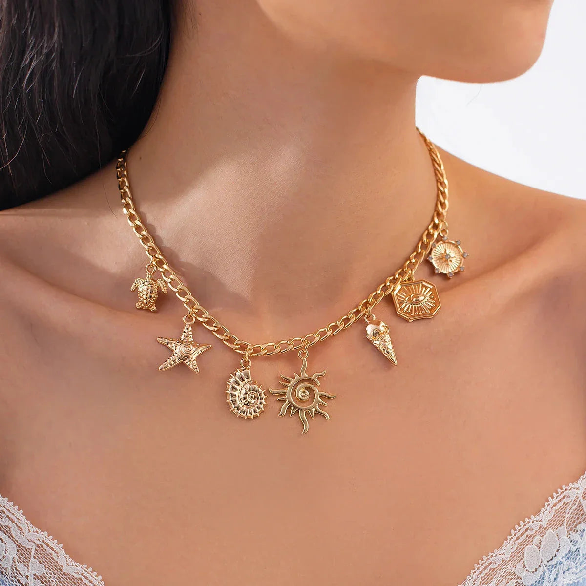 Necklace with Sun Pendant and Shells 2