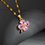 Necklace with Colored Four-Leaf Clover Pendant gold and pink