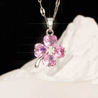 Necklace with Colored Four-Leaf Clover Pendant silver and pink