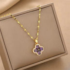 Necklace with Four-Leaf Clover Pendant in Purple Zircon