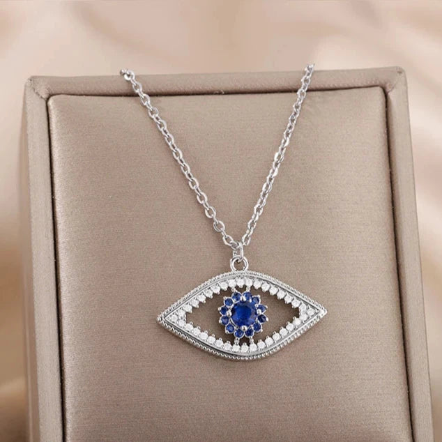 Necklace With Zircon Pendant Against Evil Eye Blue Turkish Silver