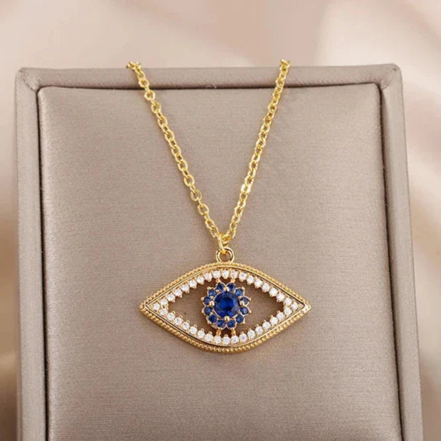 Necklace With Zircon Pendant Against Evil Eye Blue Turkish Gold