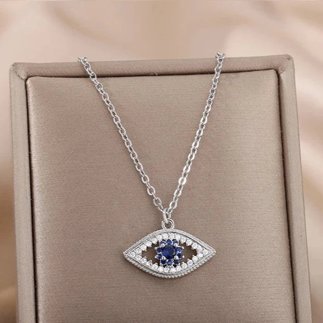 Necklace With Blue Turkish Evil Eye Zircon Pendant Silver