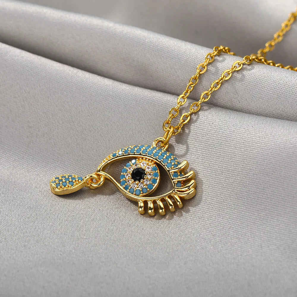 Necklace With Blue Turkish Evil Eye Zircon Pendant Crying gold