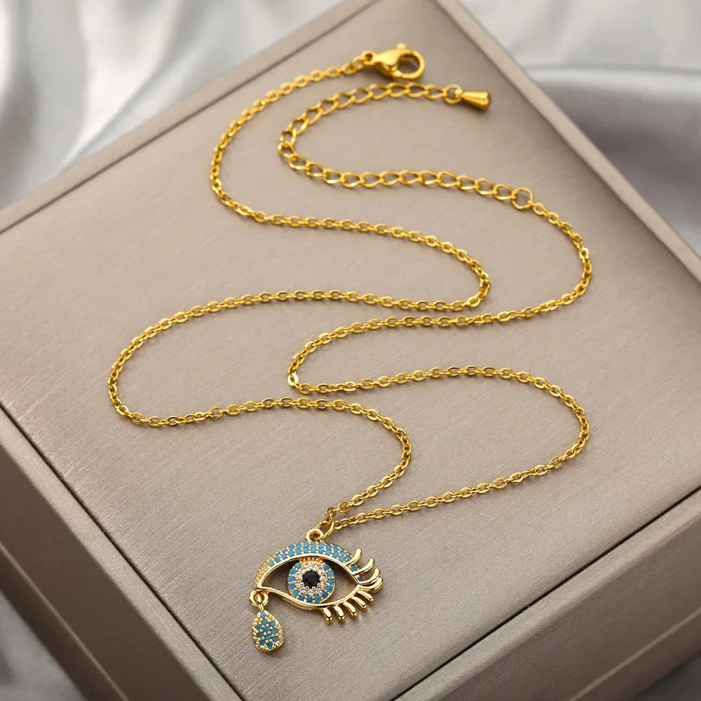 Necklace With Blue Turkish Evil Eye Zircon Pendant Crying gold
