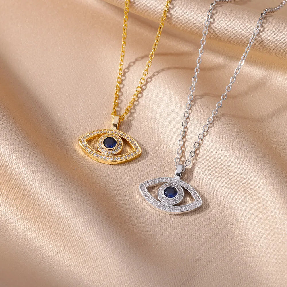 Necklace With Blue Turkish Evil Eye Zircon Pendant Silver