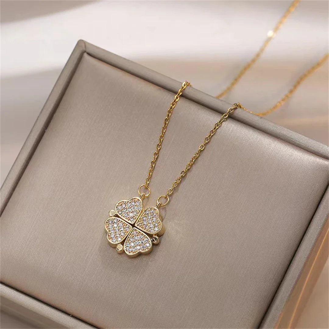 Choker Necklace with Four-Leaf Clover Heart Pendants for Women Gold