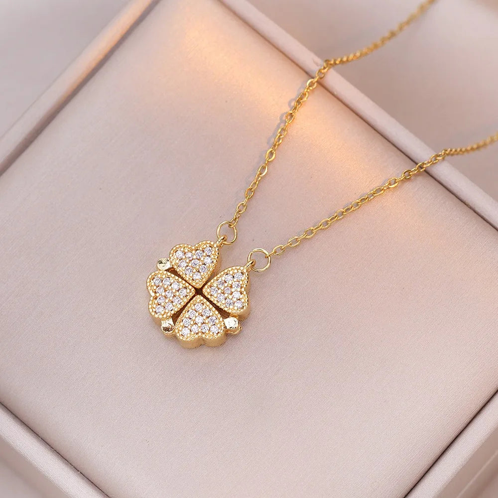 Choker Necklace with Four-Leaf Clover Heart Pendants for Women Gold