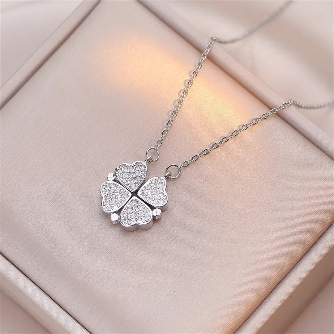 Choker Necklace with Four-Leaf Clover Heart Pendants for Women Silver