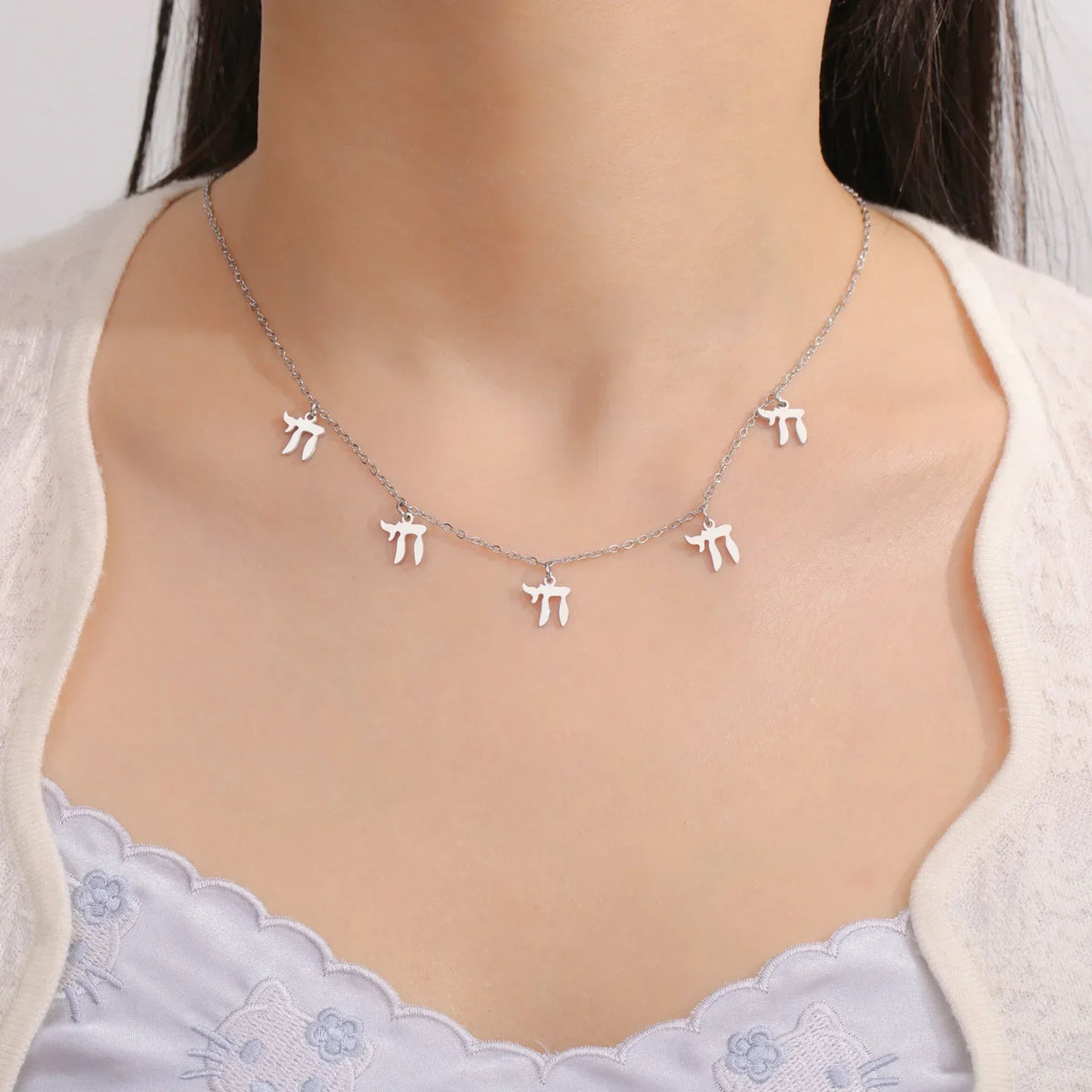 Necklace with Hebrew Chai letter pendants, Jewish, silver