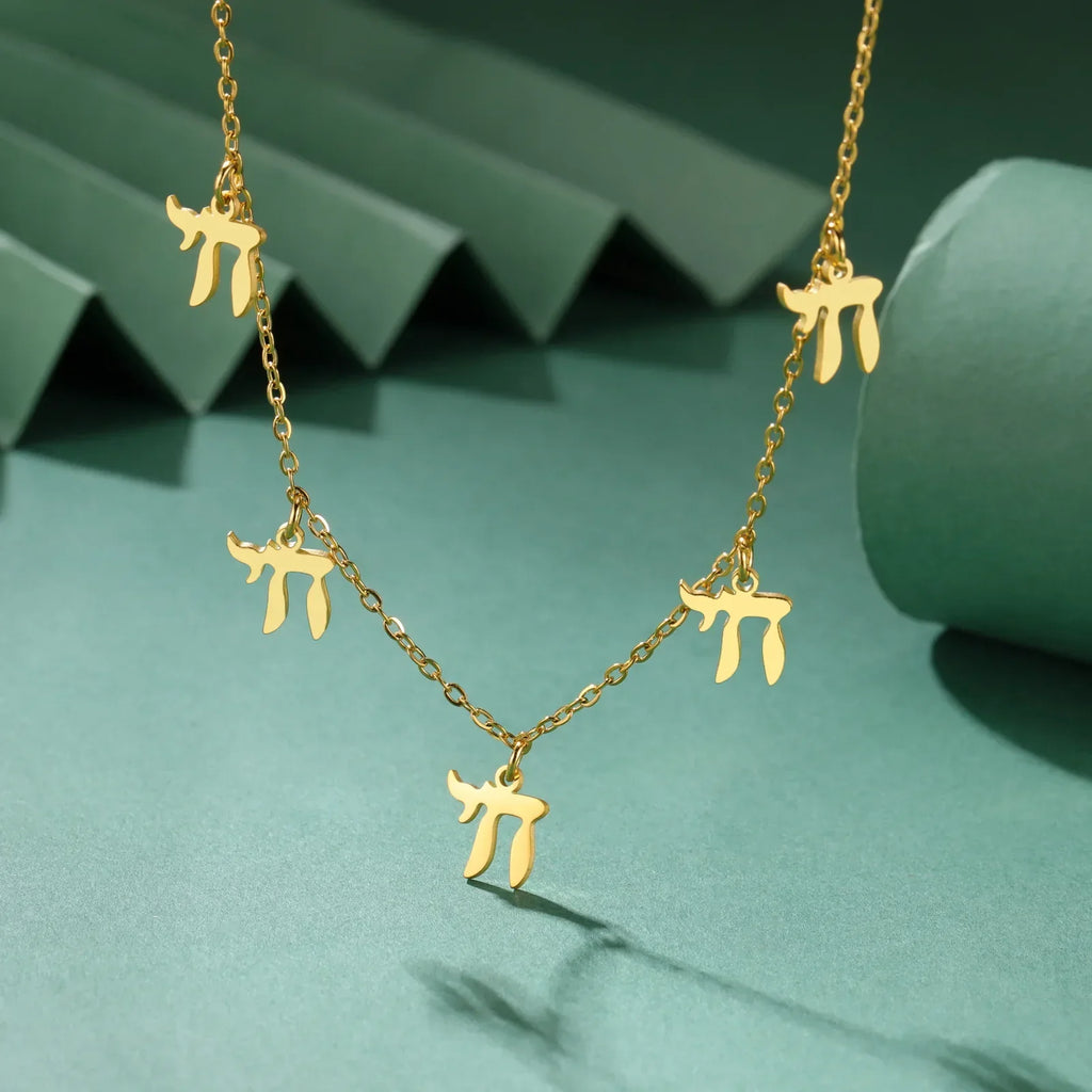 Necklace with Hebrew Chai letter pendants, Jewish, gold