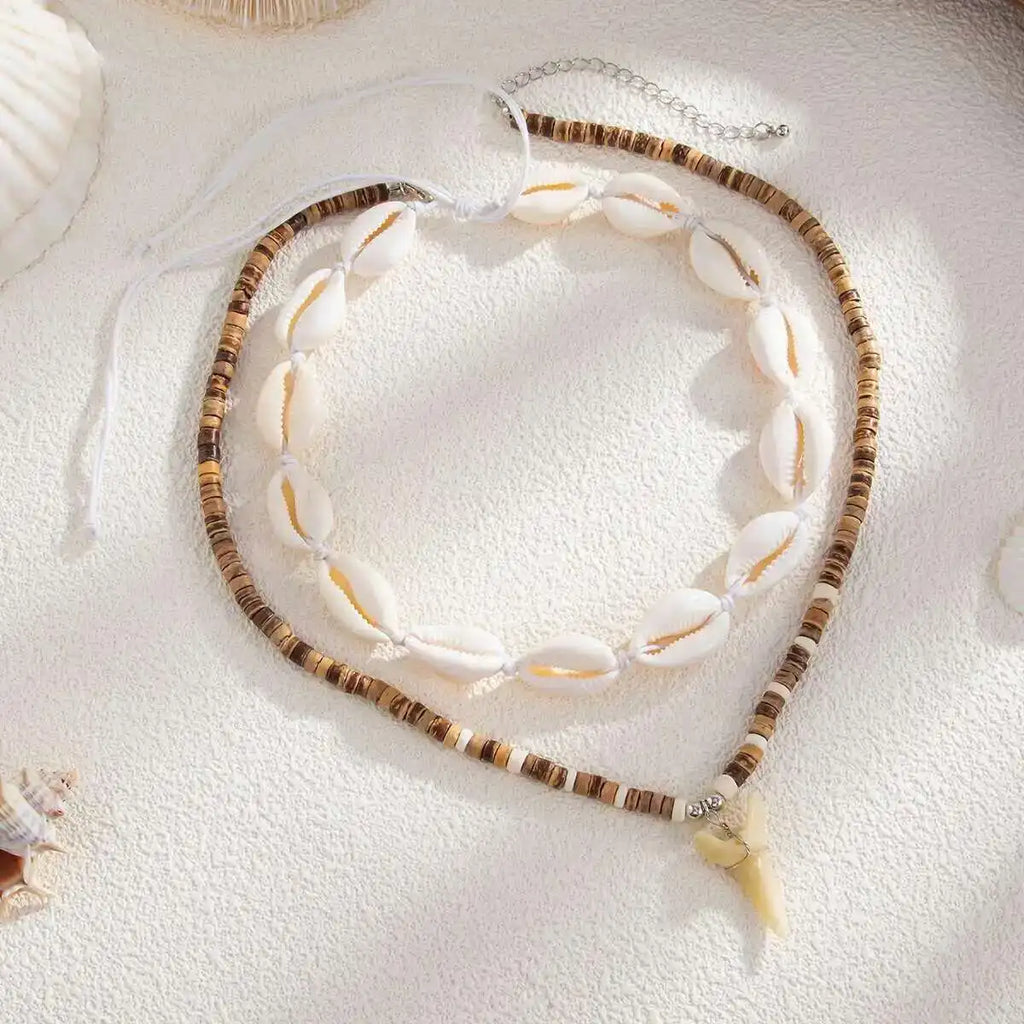 Set of 2 boho necklaces with shells and white shark tooth pendant