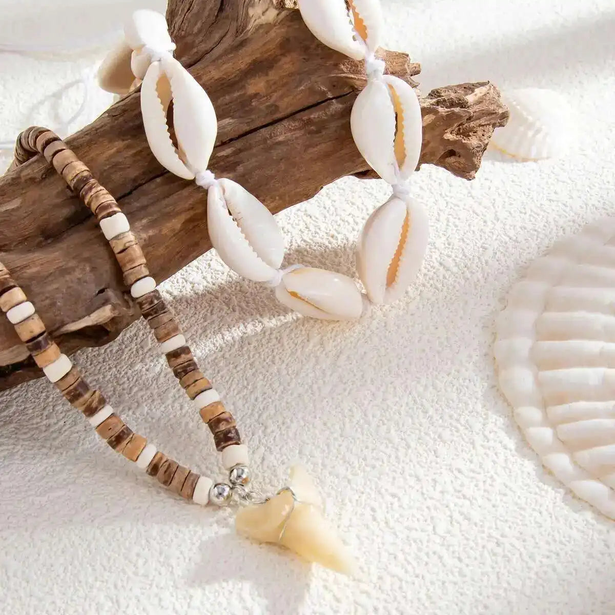 Set of 2 boho necklaces with shells and white shark tooth pendant