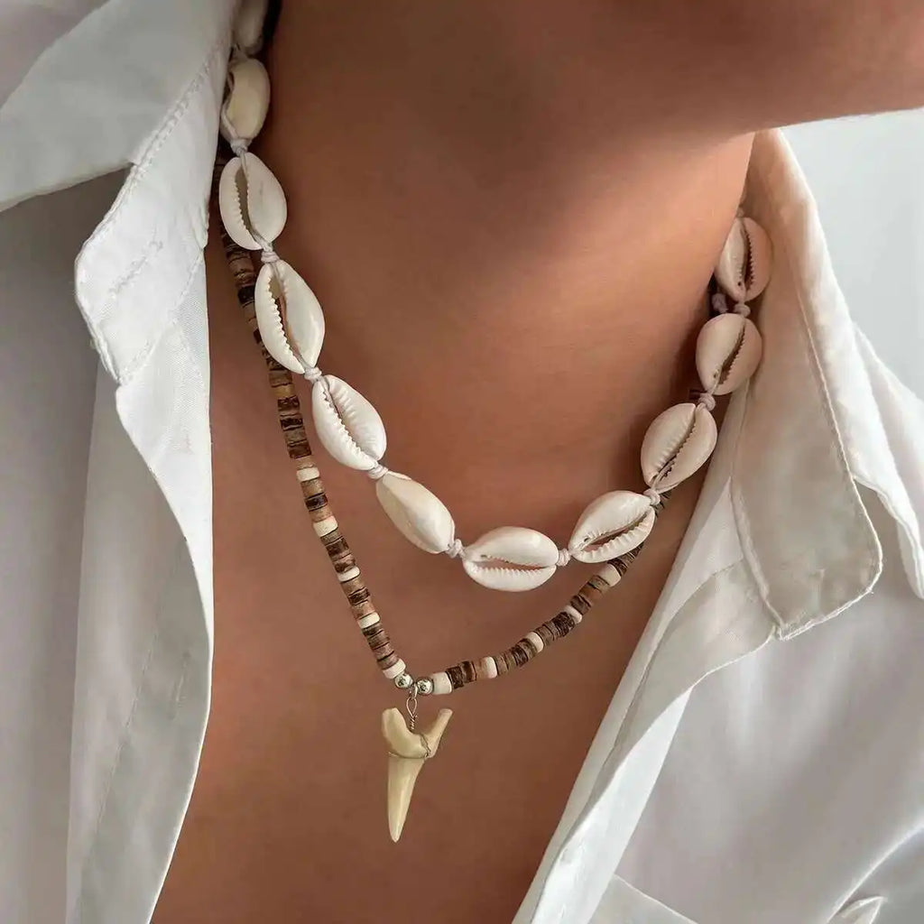 Set of 2 boho necklaces with shells and white shark tooth pendant