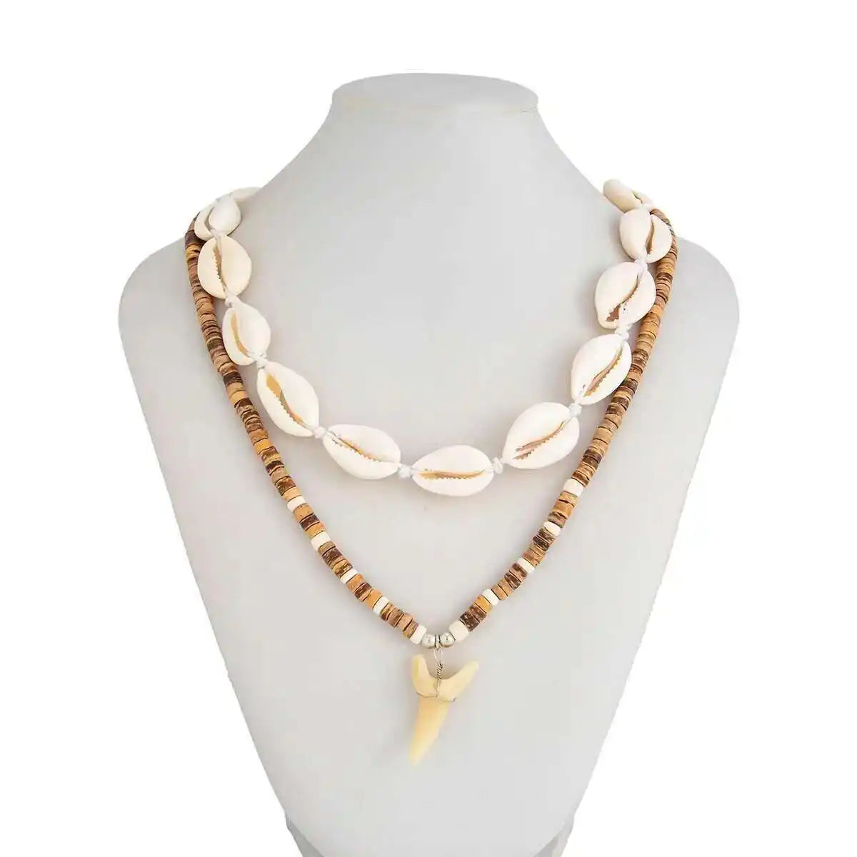 Set of 2 boho necklaces with shells and white shark tooth pendant