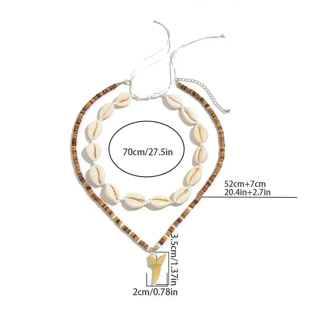 Set of 2 boho necklaces with shells and shark tooth pendant