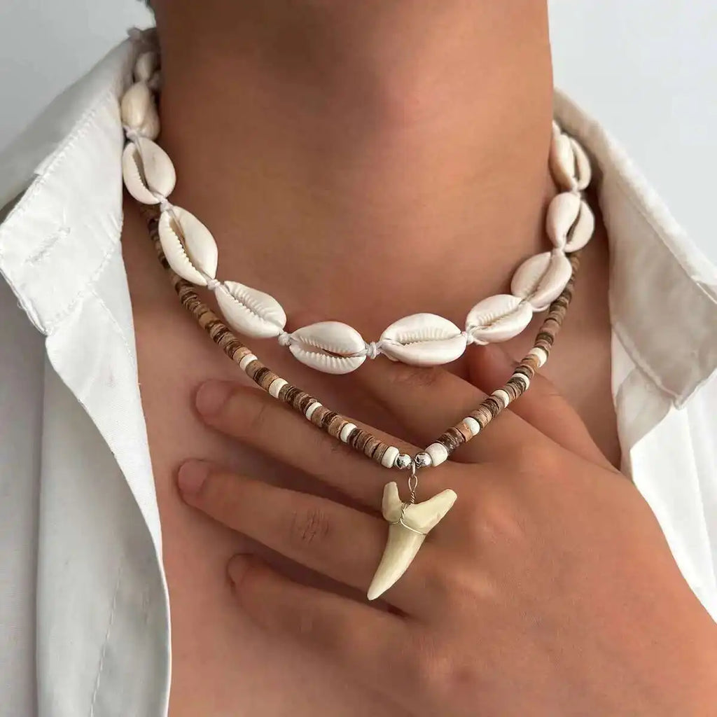 Set of 2 boho necklaces with shells and white shark tooth pendant