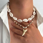 Set of 2 boho necklaces with shells and white shark tooth pendant