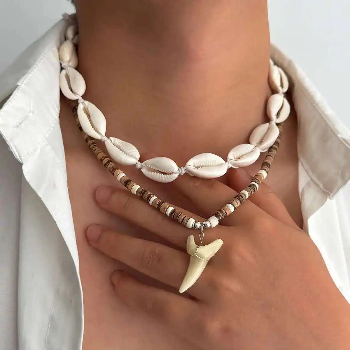 Set of 2 boho necklaces with shells and white shark tooth pendant
