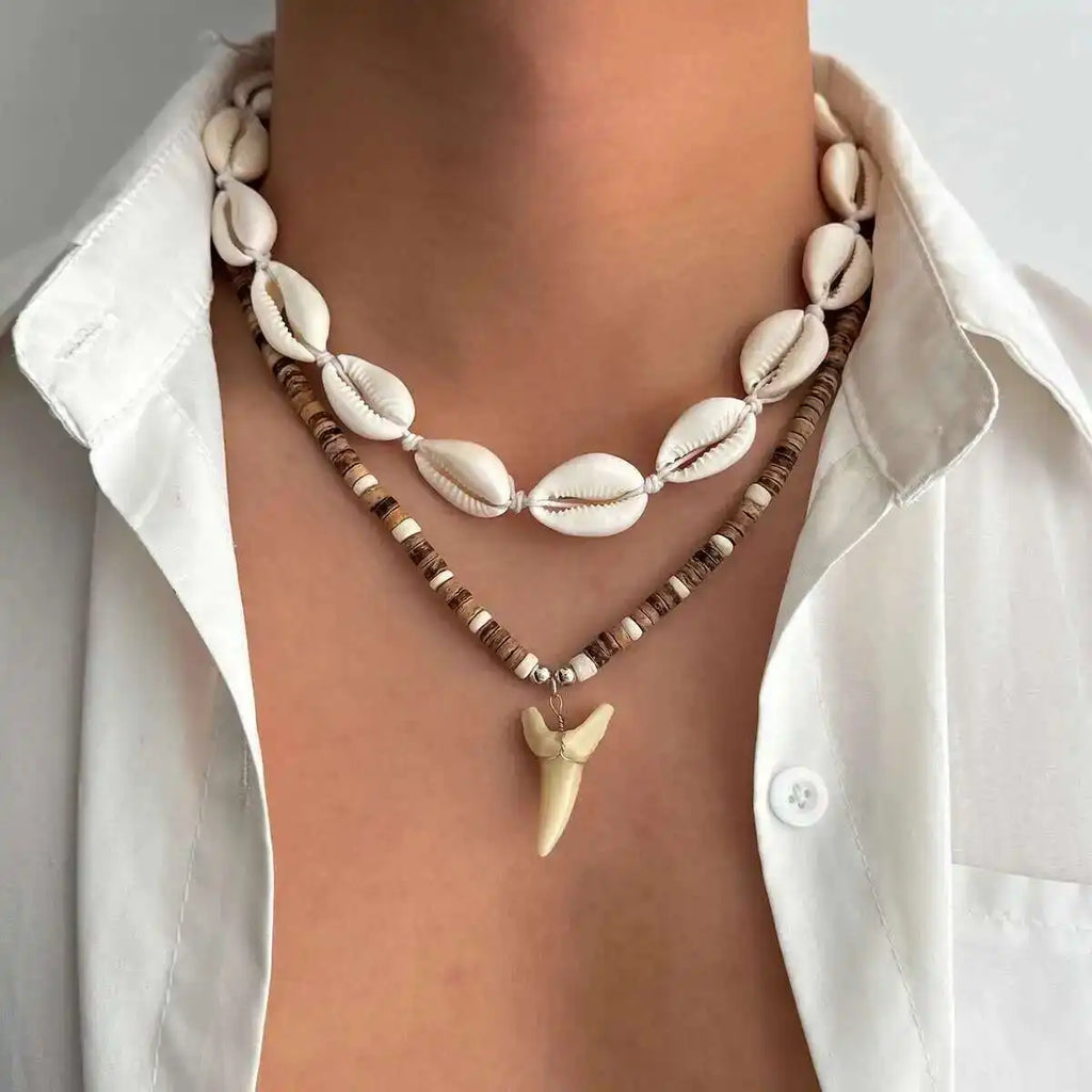 Set of 2 boho necklaces with shells and white shark tooth pendant