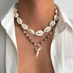 Set of 2 boho necklaces with shells and white shark tooth pendant