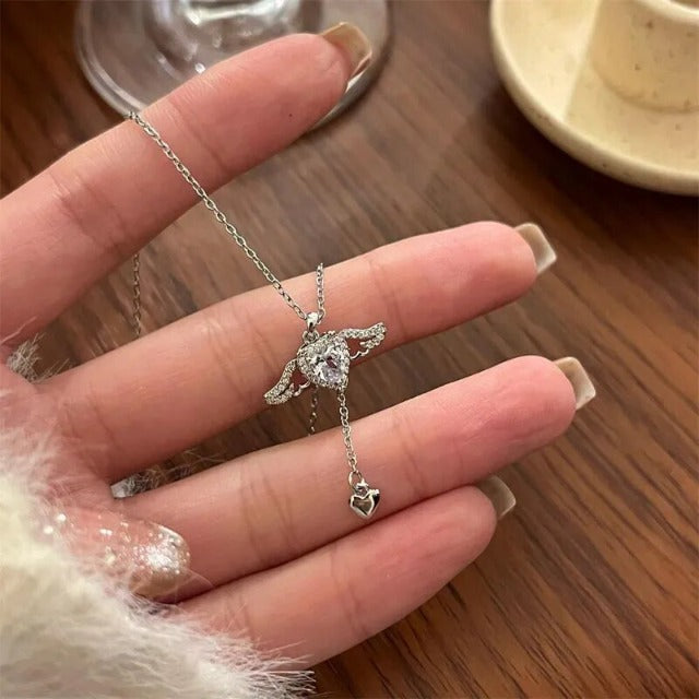 Silver Angel Wings Heart Necklace