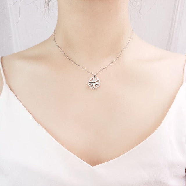 Four-Leaf Clover Heart Necklace Lucky Pendant In Silver