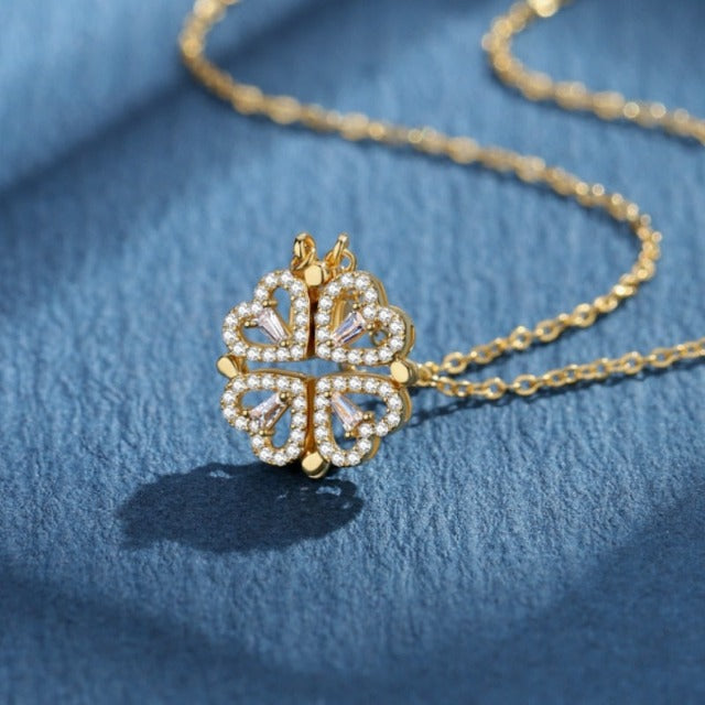 Four-Leaf Clover Heart Necklace Lucky Pendant gold