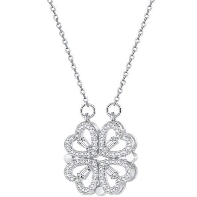 Four-Leaf Clover Heart Necklace Lucky Pendant In Silver