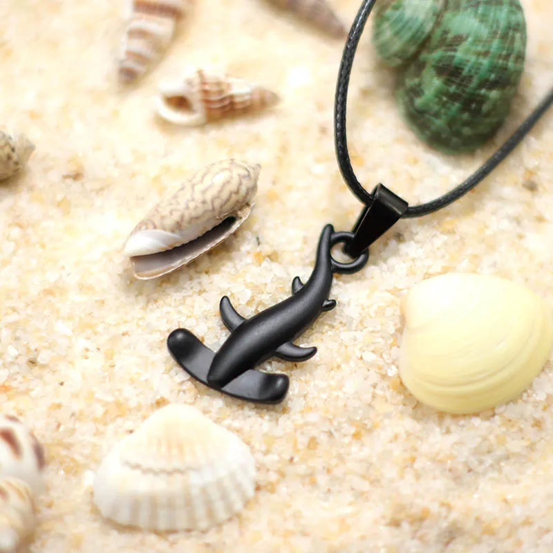 Black hammerhead shark pendant cord necklace