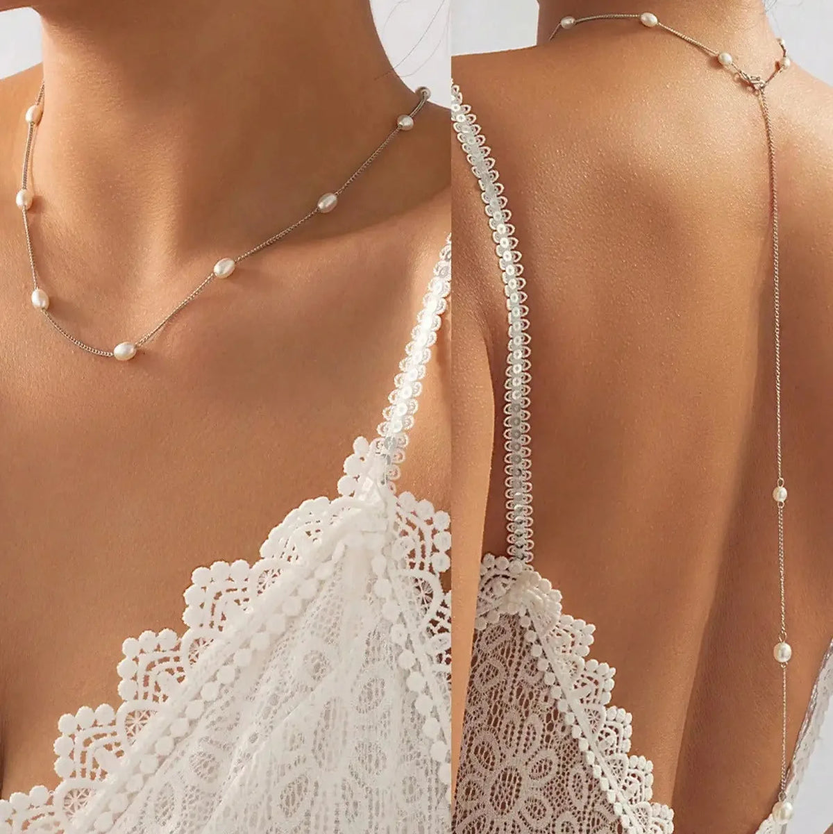 Back necklace with white pearls - back chain for women