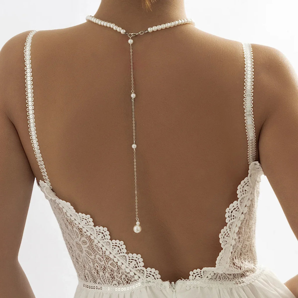 Back necklace with pearls - back chain for women