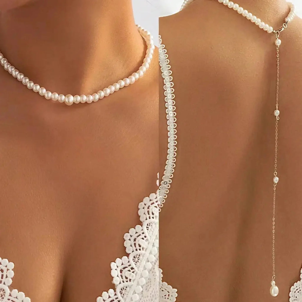 Back necklace with pearls - back chain for women