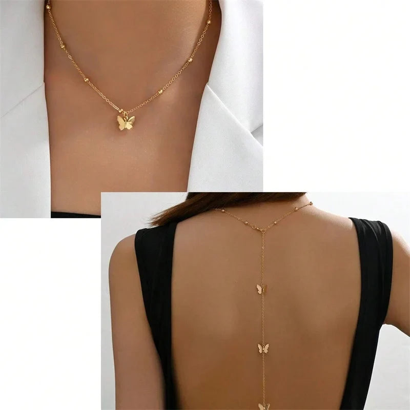 Butterfly back necklace - women's back chain in gold