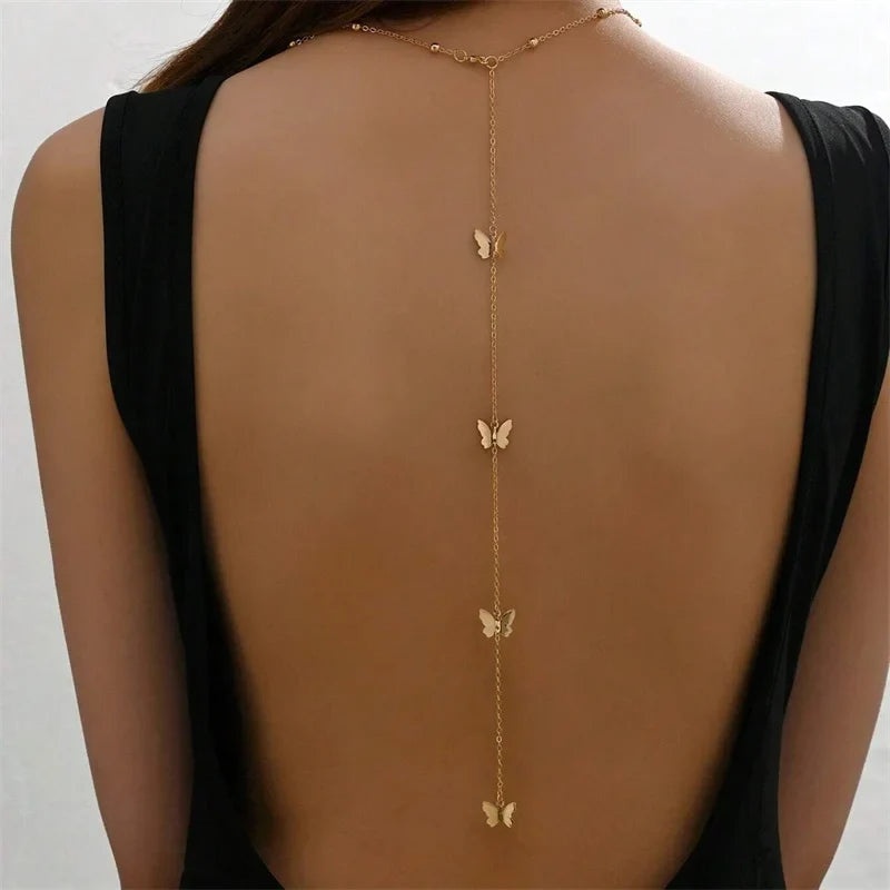 Butterfly back necklace - women's back chain in gold