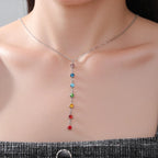 Protection Necklace with Long Pendant in 7 Chakra Stones silver