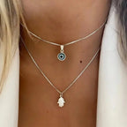 Double Necklace with Turkish Blue Eye Pendant and Silver Hand of Fatima
