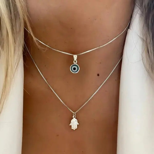 Double Necklace with Turkish Blue Eye Pendant and Silver Hand of Fatima