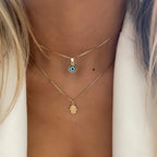 Double Necklace with Turkish Blue Eye Pendant and Gold Hand of Fatima
