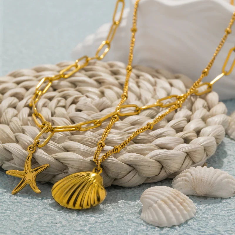 Double Strand Necklace with Shell Pendants Scallop Shell and Starfish