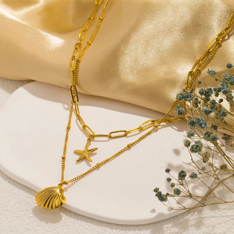 Double Strand Necklace with Shell Pendants Scallop Shell and Starfish