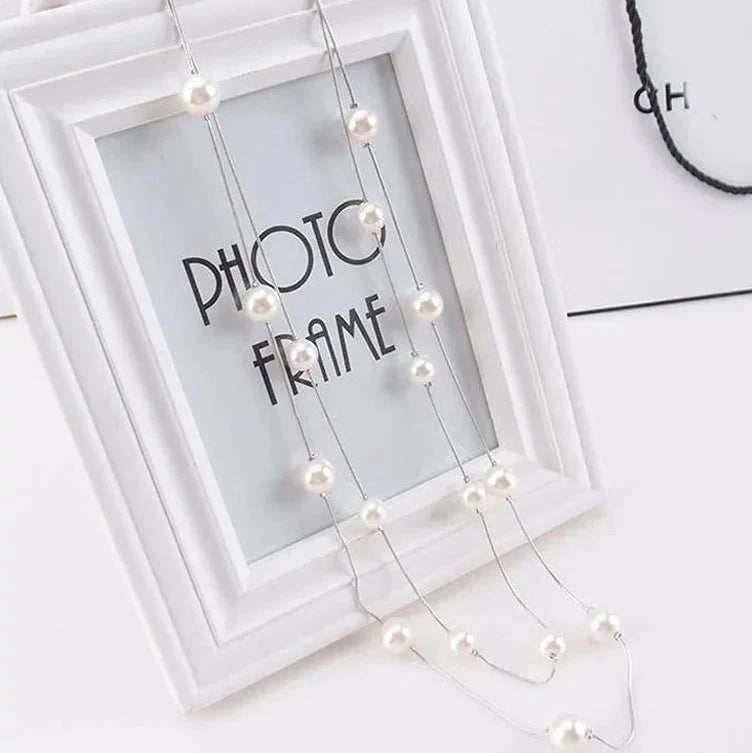 Long Double Necklace with Large White Silver Pearls