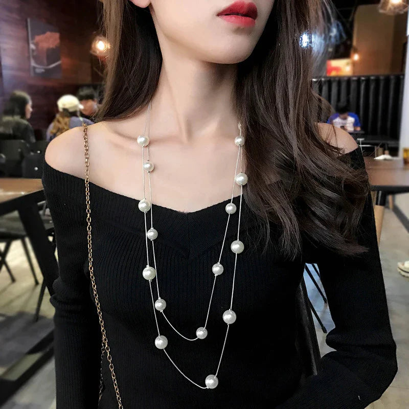 Long Double Necklace with Large White Silver Pearls