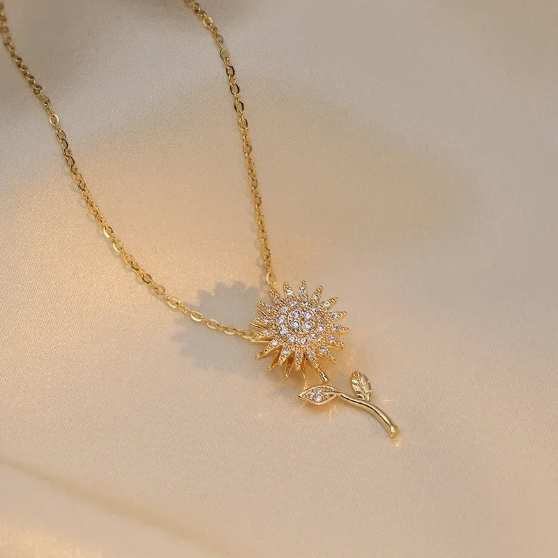 Elegant Necklace with Long Sunflower Pendant
