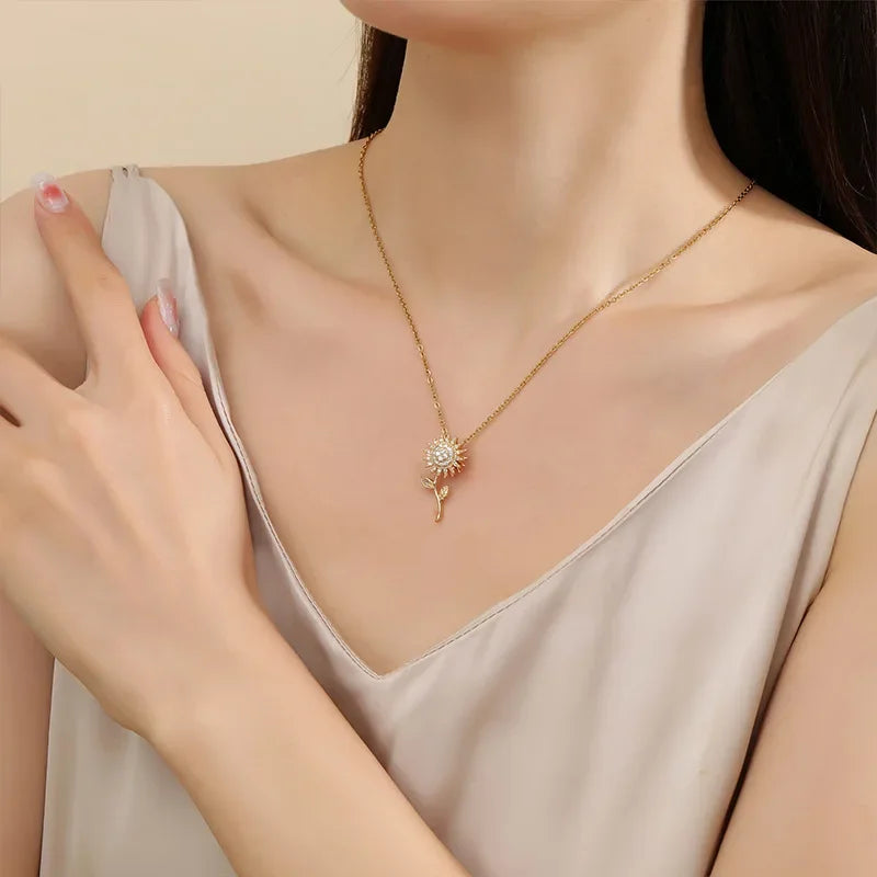 Elegant Necklace with Long Sunflower Pendant