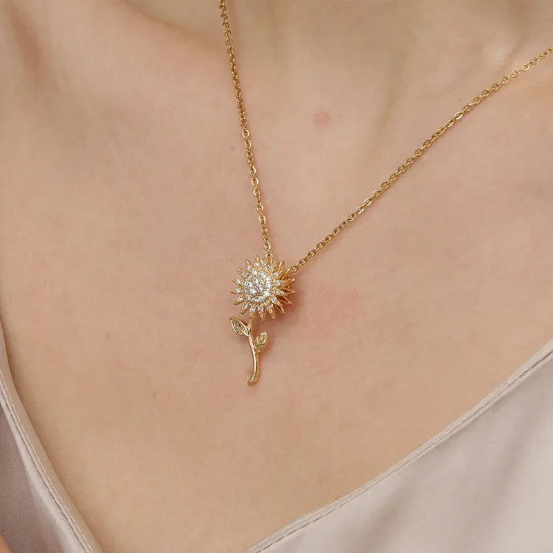 Elegant Necklace with Long Sunflower Pendant