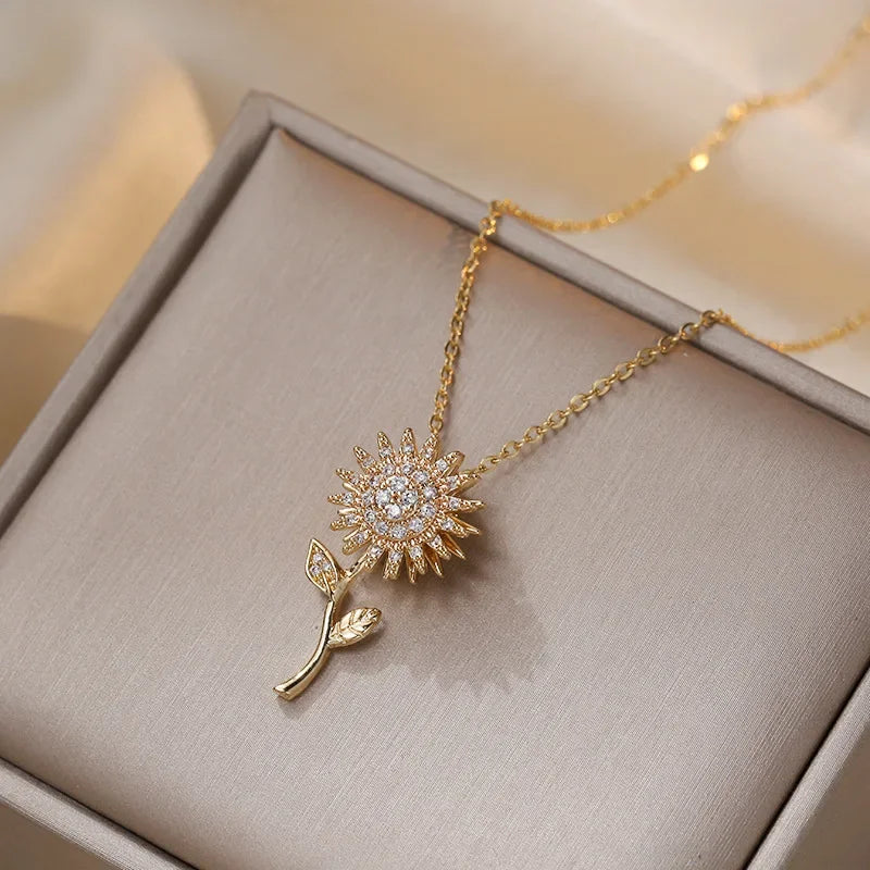 Elegant Necklace with Long Sunflower Pendant