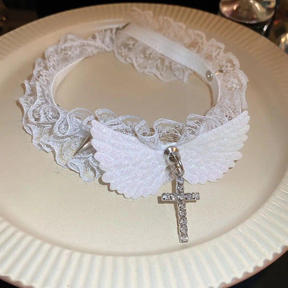 Lace necklace with white angel wing pendant