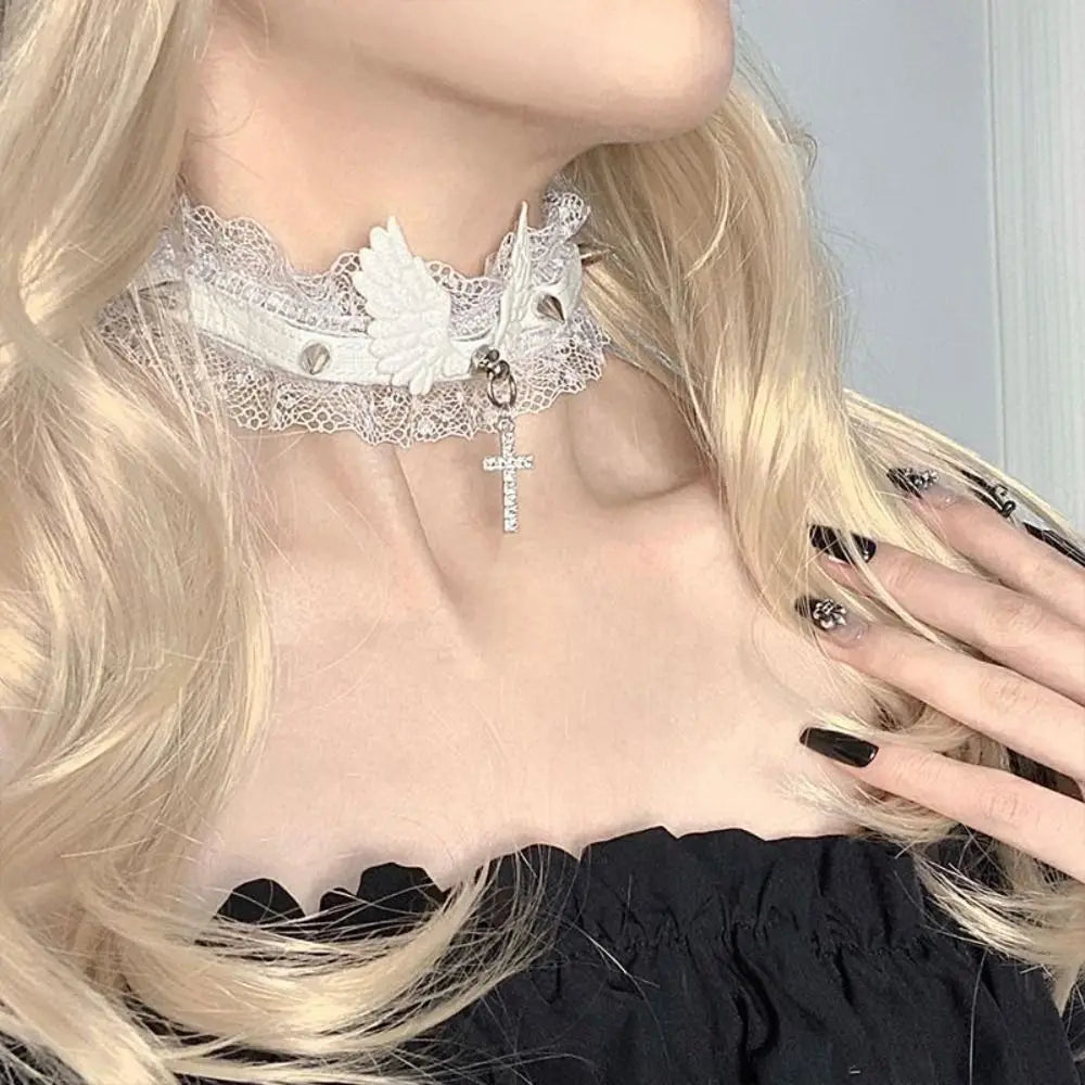 Lace necklace with white angel wing pendant